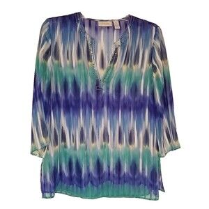 Chicos Top Womens 0 Blue Green Tunic Sheer Metallic  Beaded V Neck Blouse    T40